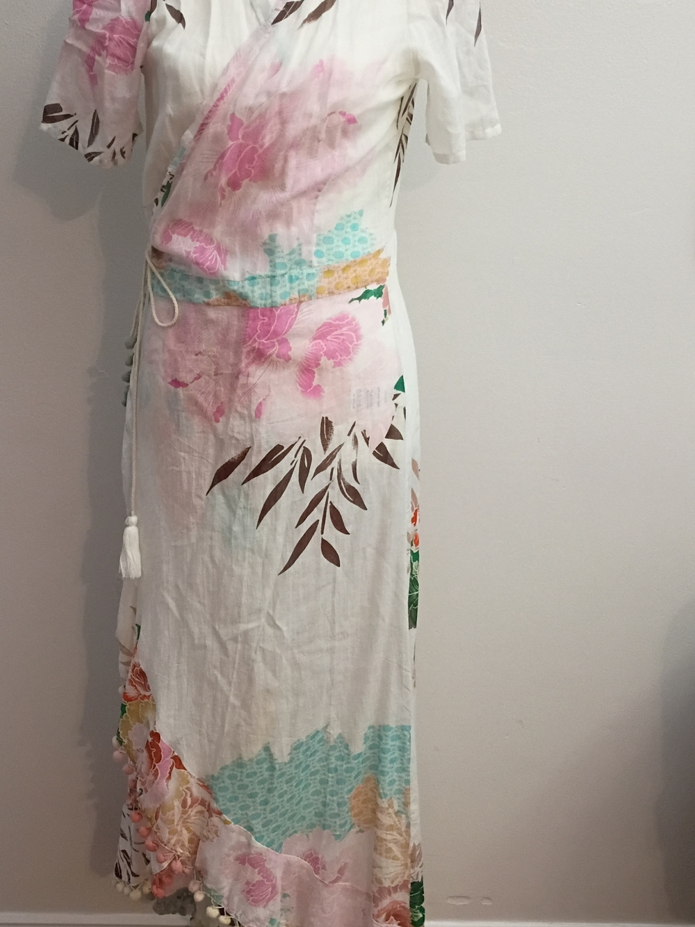Women's White Maxi Dress with Pink Floral Wrap Detail